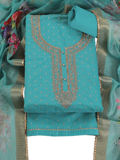 TAVAS Floral Embroidered Sequinned Chanderi Silk Unstitched Dress Material