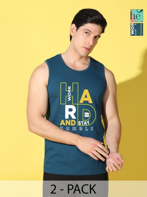 WOOSTRO Men Pack of 2 Typography Printed Sleeveless Slim Fit T-shirt