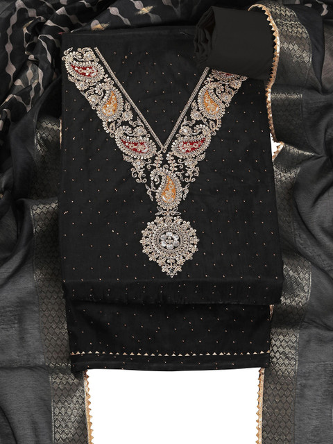 TAVAS Paisley Embroidered Sequinned Chanderi Cotton Unstitched Dress Material