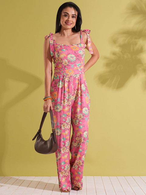 Globus Frill Detail Sweetheart Neck Tie-Up Strappy Shoulder Floral Print Fusion Jumpsuit