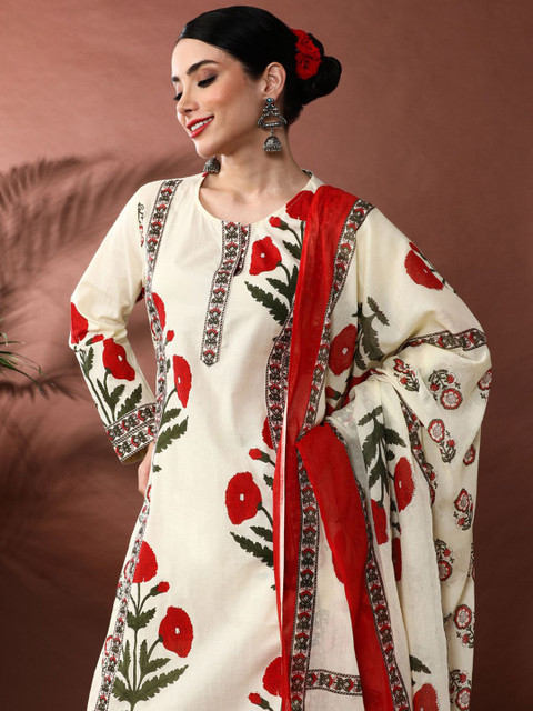 Anouk Women Floral Printed Regular Pure Cotton Kurta with Trousers & With Dupatta