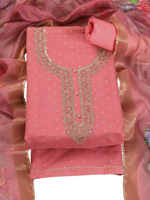 TAVAS Floral Embroidered Zari Work Chanderi Silk Unstitched Dress Material