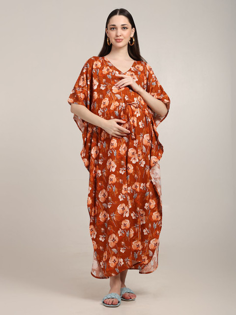 CRAFTBAZAR Floral Print Slit Sleeve Maternity Kaftan Maxi Dress