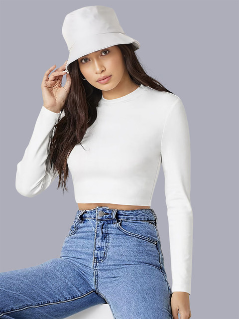 Dream Beauty Fashion top-163-tally-white Women Solid Round Neck Long Sleeves Fitted Top