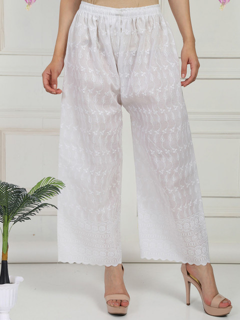 Fashionable Women Self Design Knitted Wide Leg Chikankari Palazzos