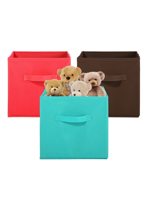 Kuber Industries Red Set of 3 Multi-Utility Cloth Storage Organisers Box