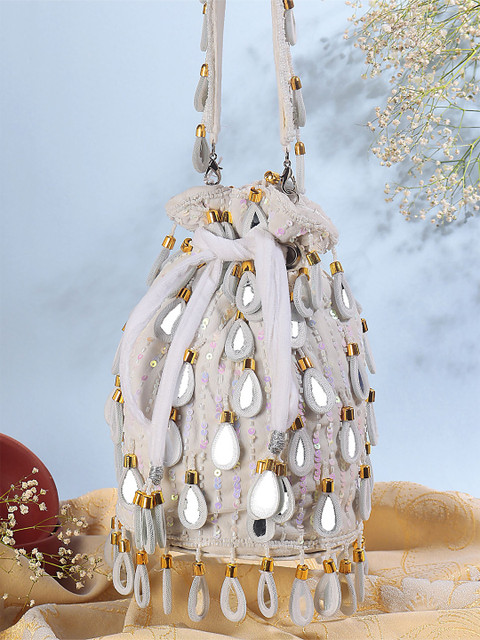 Swisni Embroidered Mirror Work Potli Shaped Clutch