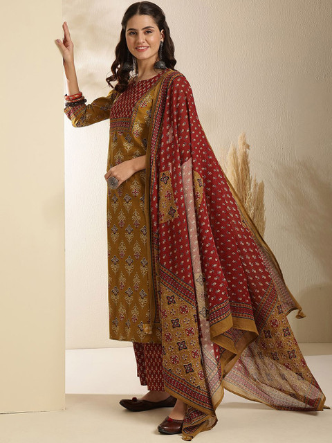 GULMOHAR JAIPUR Ethnic Motifs Printed Pure Cotton Straight Kurta with Palazzo & Dupatta Set - Image 4
