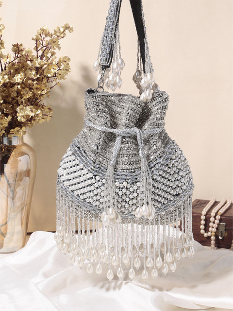 Swisni Embroidered Mirror Work Potli Shaped Clutch