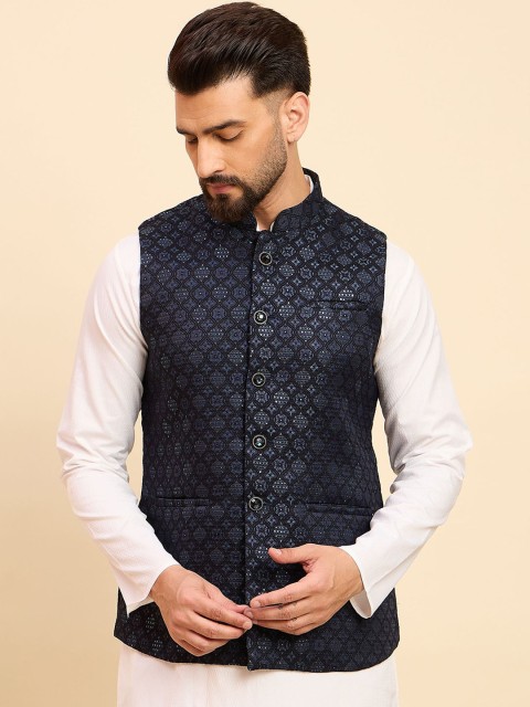House of Pataudi Woven Design Mandarin Collar Nehru Jacket