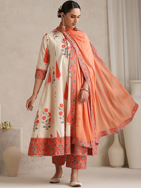 Khushal K Women Floral Printed Regular Pure Cotton Kurta with Palazzos & With Dupatta