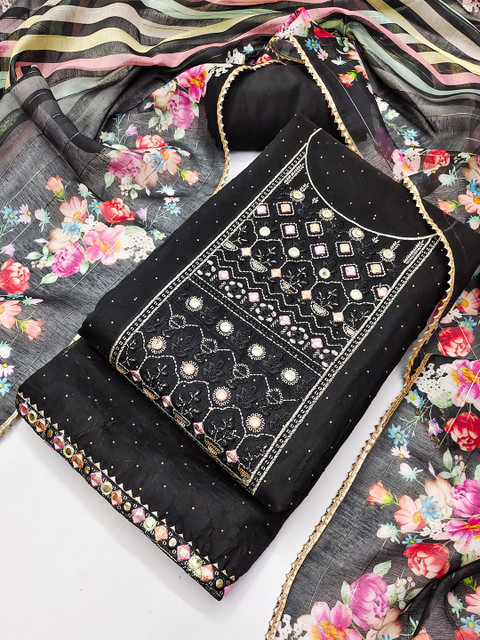 TAVAS Floral Embroidered Mirror Work Unstitched Dress Material