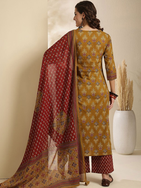 GULMOHAR JAIPUR Ethnic Motifs Printed Pure Cotton Straight Kurta with Palazzo & Dupatta Set - Image 5