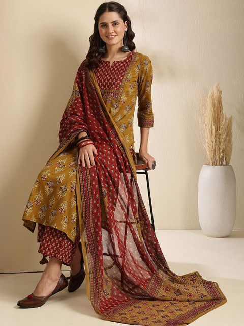 GULMOHAR JAIPUR Ethnic Motifs Printed Pure Cotton Straight Kurta with Palazzo & Dupatta Set - Image 6