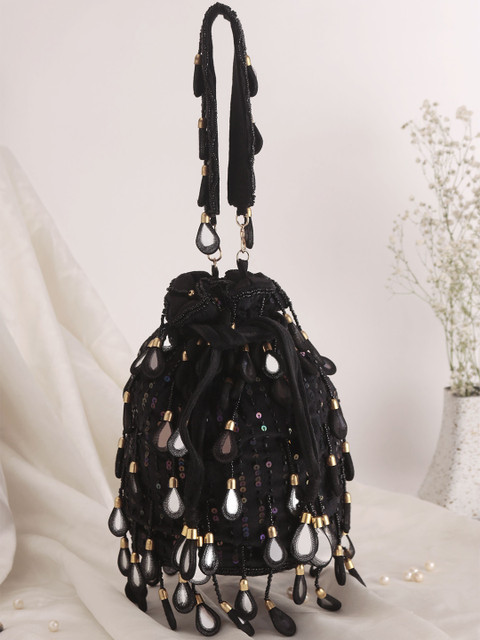 Swisni Embroidered Mirror Work Potli Shaped Clutch