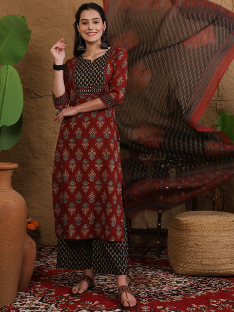 GULMOHAR JAIPUR Floral Printed Pure Cotton Straight Kurta with Palazzo & Dupatta