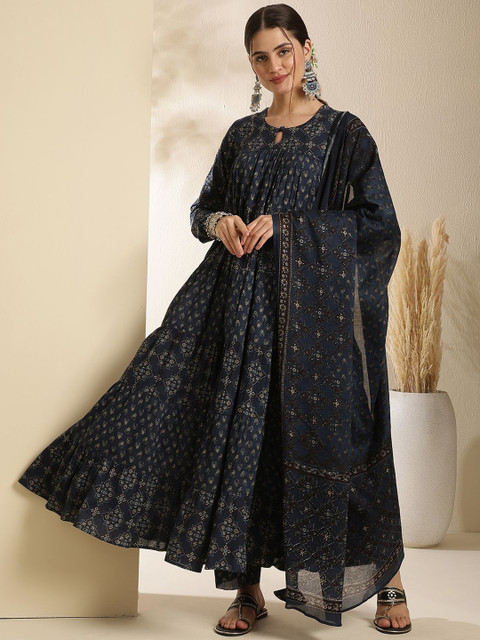GULMOHAR JAIPUR Ethnic Motifs Printed Tiered Pure Cotton Kurta with Palazzo & Dupatta