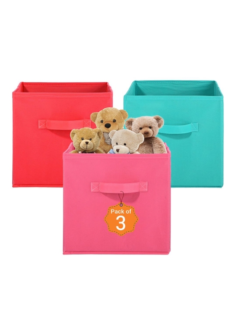 Kuber Industries Pink Set of 3 Multi-Utility Cloth Storage Organisers Box