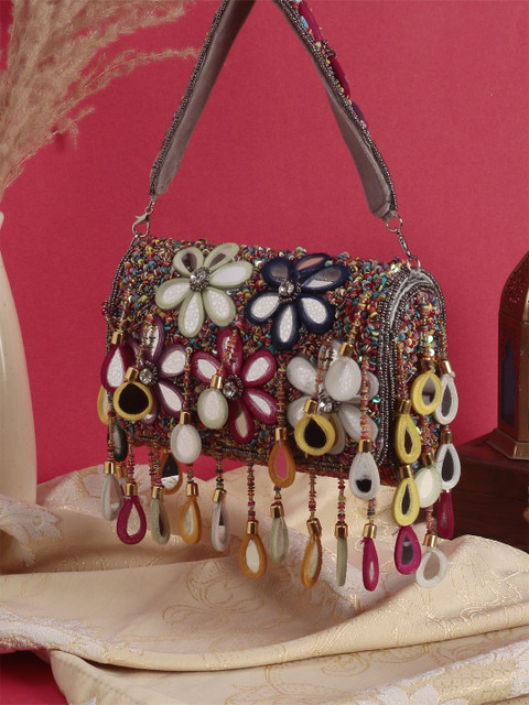 Swisni Embroidered Mirror Work Flap Shaped Suede Clutch