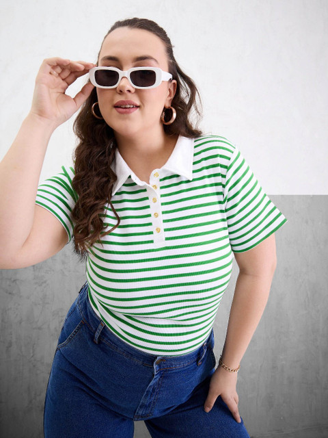 SASSAFRAS Curve Women Plus Size Striped Polo Collar T-shirt