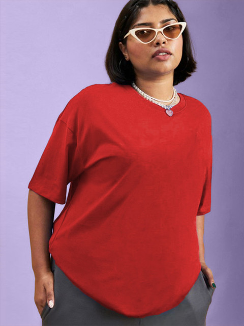 PockMAN Women Plus Size Bio Finish Solid Round Neck Cotton Oversized T-shirt