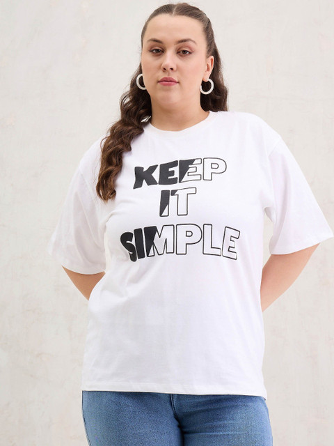 SASSAFRAS Curve Women Plus Size Typography Printed Round Neck Cotton Oversized T-shirt