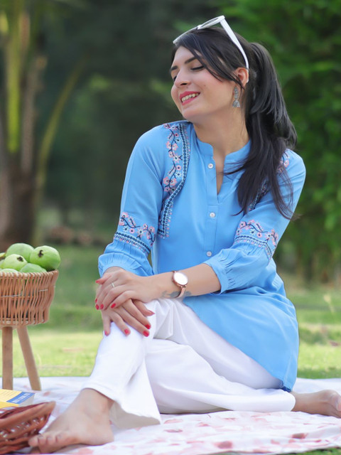 KALINI Women Light Blue Viscose Rayon Embroidered A-line Short Kurti