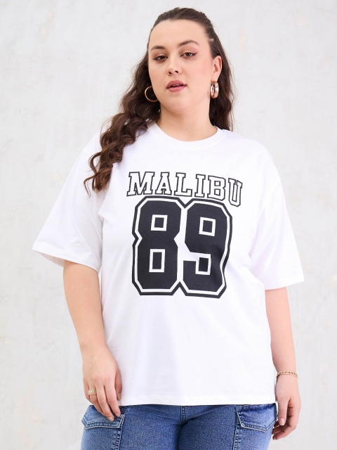 SASSAFRAS Curve Women Plus Size Typography Printed Round Neck Cotton Oversized T-shirt