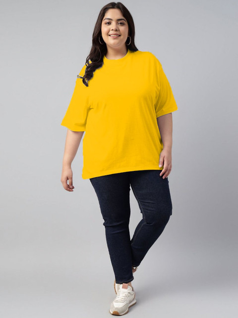 PockMAN Women Plus Size Bio Finish Solid Round Neck Cotton Oversized T-shirt