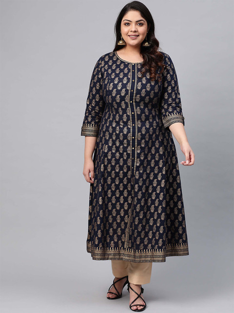 IKRASS Plus Size Floral Printed Round Neck Anarkali Cotton Kurta