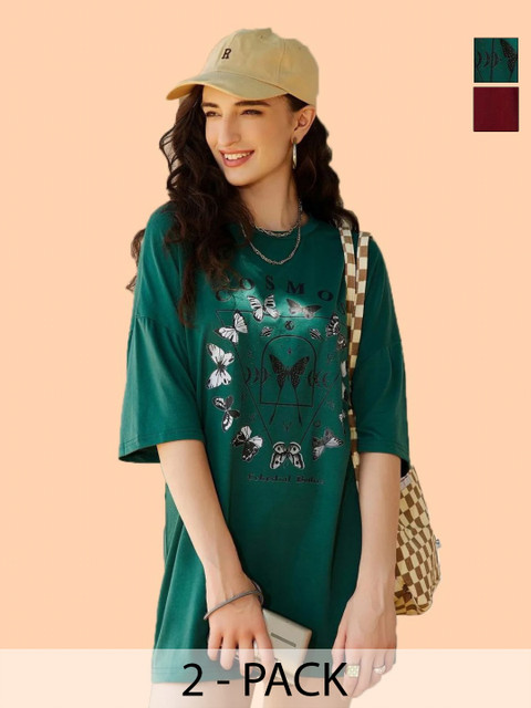 Metronaut Women Pack of 2 Graphic Printed Round Neck Cotton Oversized T-shirts