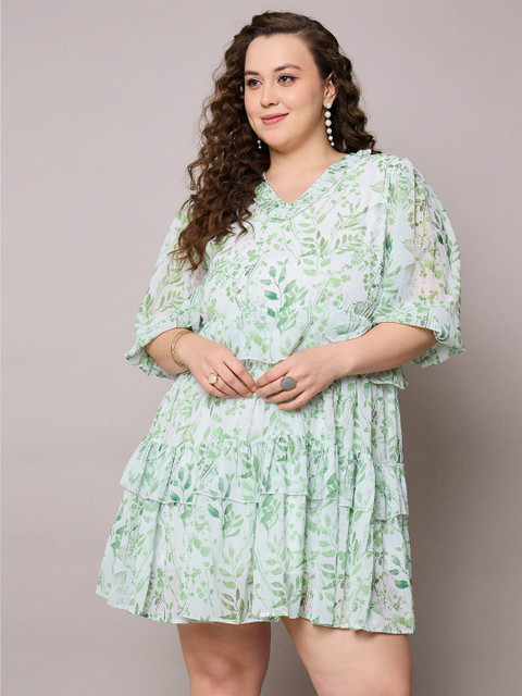 SASSAFRAS Curve Women Plus Size Floral Print Layered Fit & Flare Dress