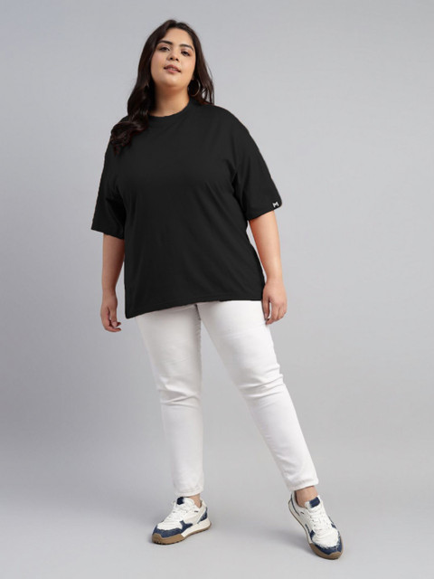 PockMAN Women Plus Size Bio Finish Solid Round Neck Cotton Oversized T-shirt