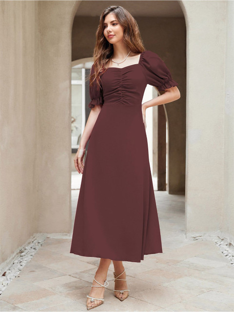 Sugathari Solid Puff Sleeve A-Line Midi Dress