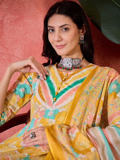 Sangria Floral Printed Pure Cotton Anarkali Kurta & Trousers With Dupatta