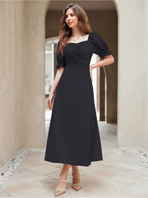 Sugathari Puff Sleeves A-Line Midi Dress