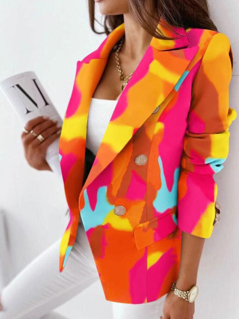 StyleCast Pink Printed Notched Lapel Collar Double-Breasted Blazers - Image 2