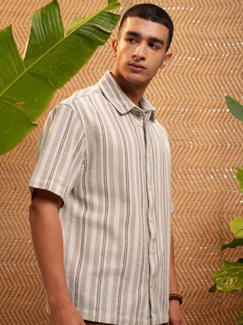 HIGHLANDER Striped Dobby Cuban Collar Oversized Casual Shirt - Image 3