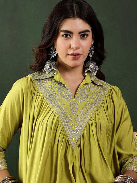 Sangria Floral Embellished Shirt Collar Tunic With Trouser Co-Ords