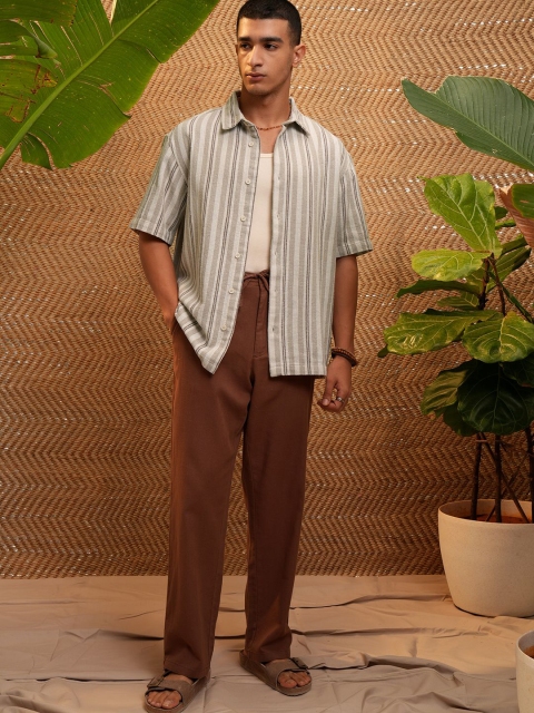 HIGHLANDER Striped Dobby Cuban Collar Oversized Casual Shirt - Image 6