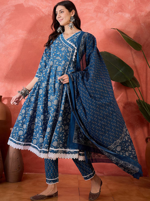 Sangria Women Floral Printed Pure Cotton A-Line Kurta With Trouser & Dupatta - Image 5