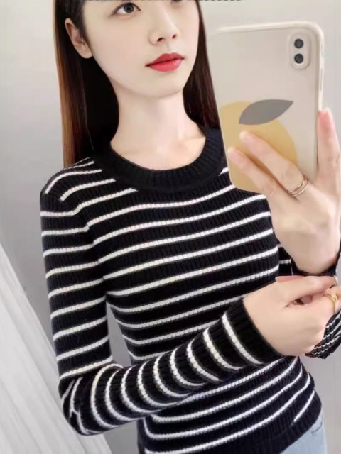 KPOP Women Striped Round Neck Long Sleeves Pullover Sweaters - Image 2