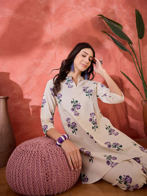 Sangria Floral Printed Pure Cotton Tunic & Palazzo Co-Ord Set