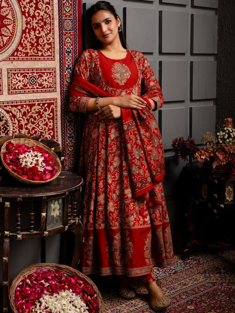KIMAYRA Women Ethnic Motifs Printed Cotton Anarkali Kurta with Trousers & Dupatta - Image 6