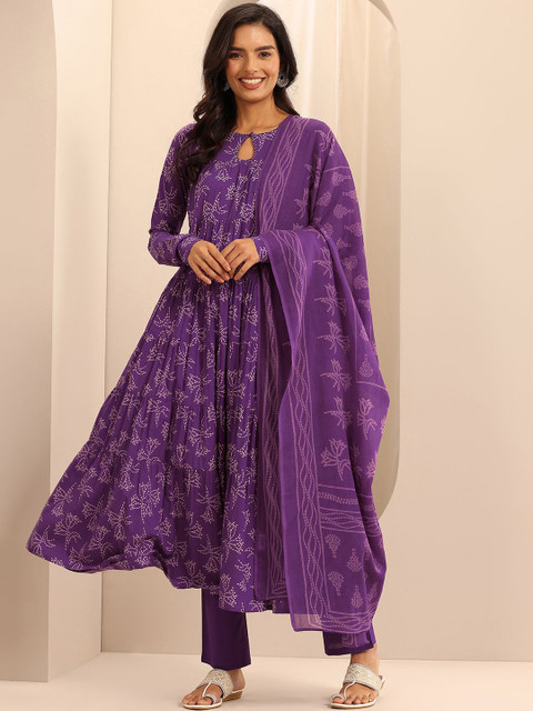 Libas Womens Purple Printed Cotton Anarkali Kurta With Trousers & Dupatta