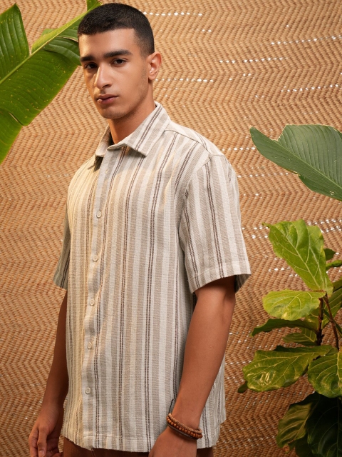 HIGHLANDER Striped Dobby Cuban Collar Oversized Casual Shirt - Image 4