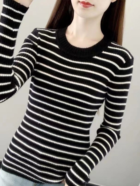 KPOP Women Striped Round Neck Long Sleeves Pullover Sweaters - Image 5