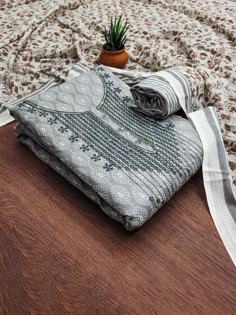 KALINI Floral Printed Sequnnied Cotton Unstitched Dress Material