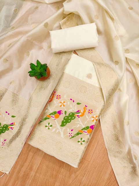 LeeliPeeri Designer Floral Woven Design Zari Banarasi Silk Unstitched Dress Material
