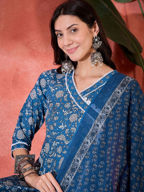 Sangria Women Floral Printed Pure Cotton A-Line Kurta With Trouser & Dupatta - Image 2